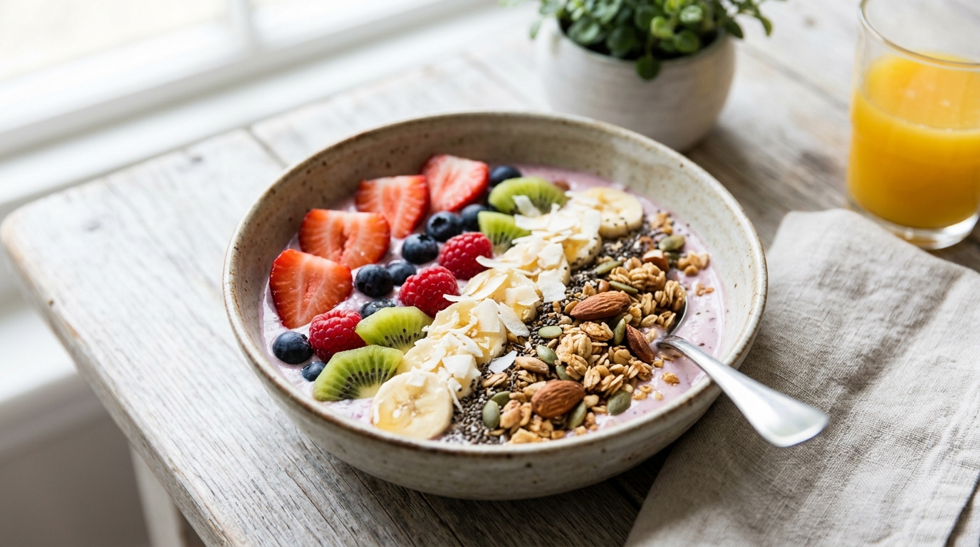 Színes wellness reggeli tálka gyümölcsökkel